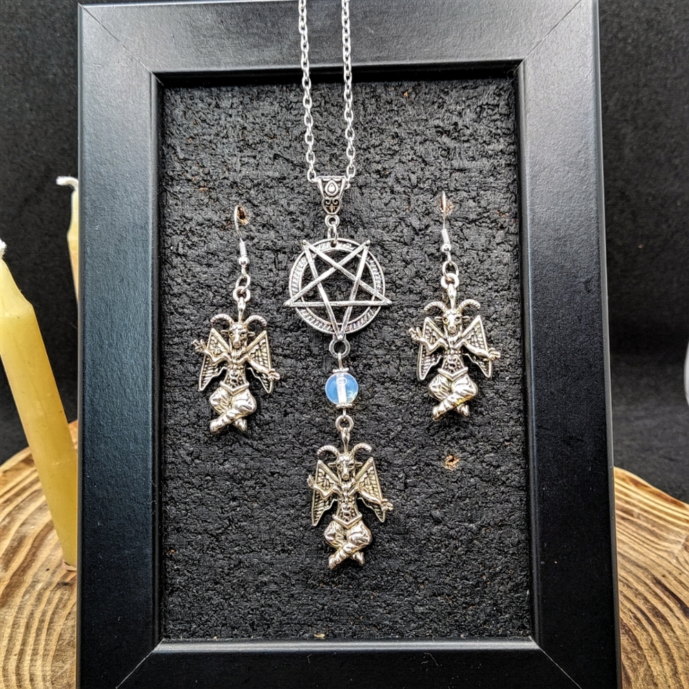 Baphomet Unisex Necklace and Earring Jewelry Set Opalite Stone